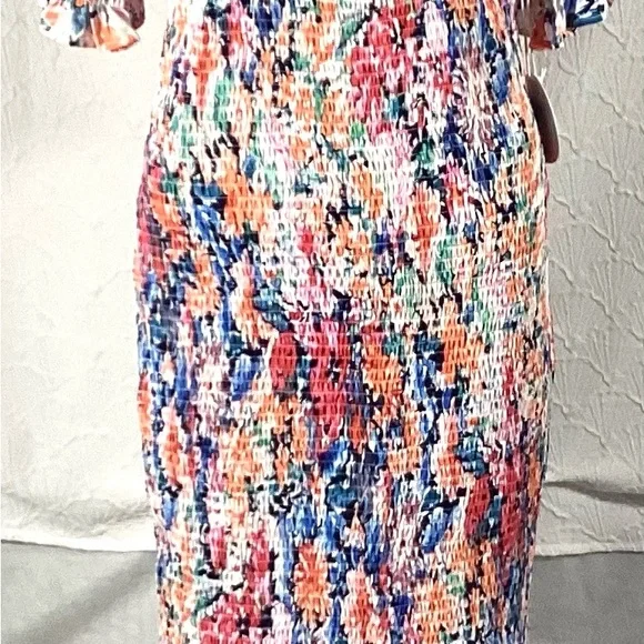 NWT Large Luxxel Multicolor Floral Midi Dress smocked body ruffle - Picture 10 of 16